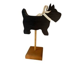VTG Cottagecore Black Scottie Dog Wood Stand Decor With Ribbon Accent 7.5"